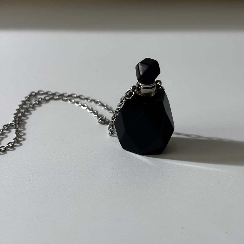 Black Obsidian Pendant - Perfume Bottle Carved Openable  Natural Stone | Protection