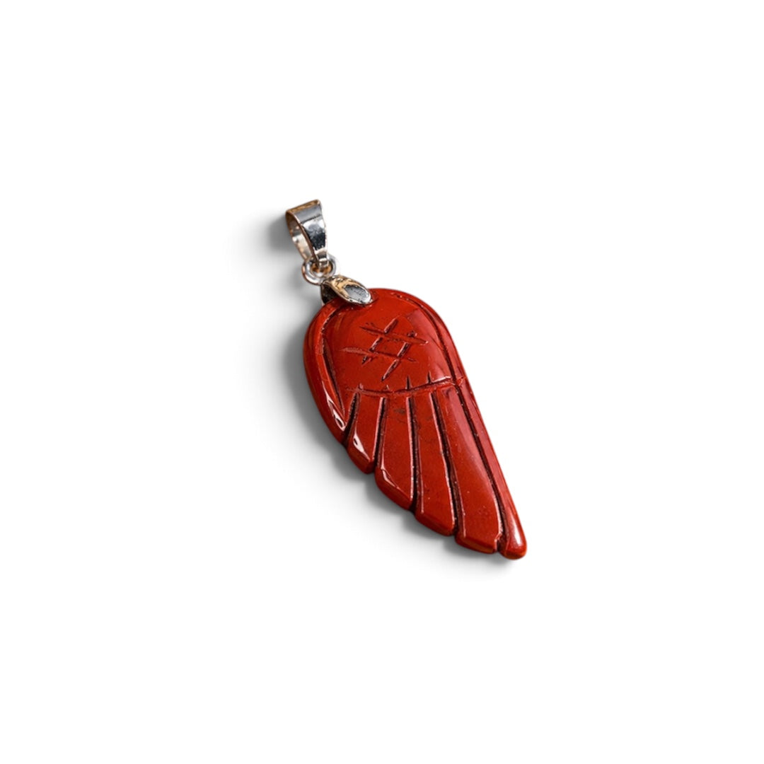 Red Jasper Pendant - Guardian Angel Wing Carved Natural Stone | Divine Guidance