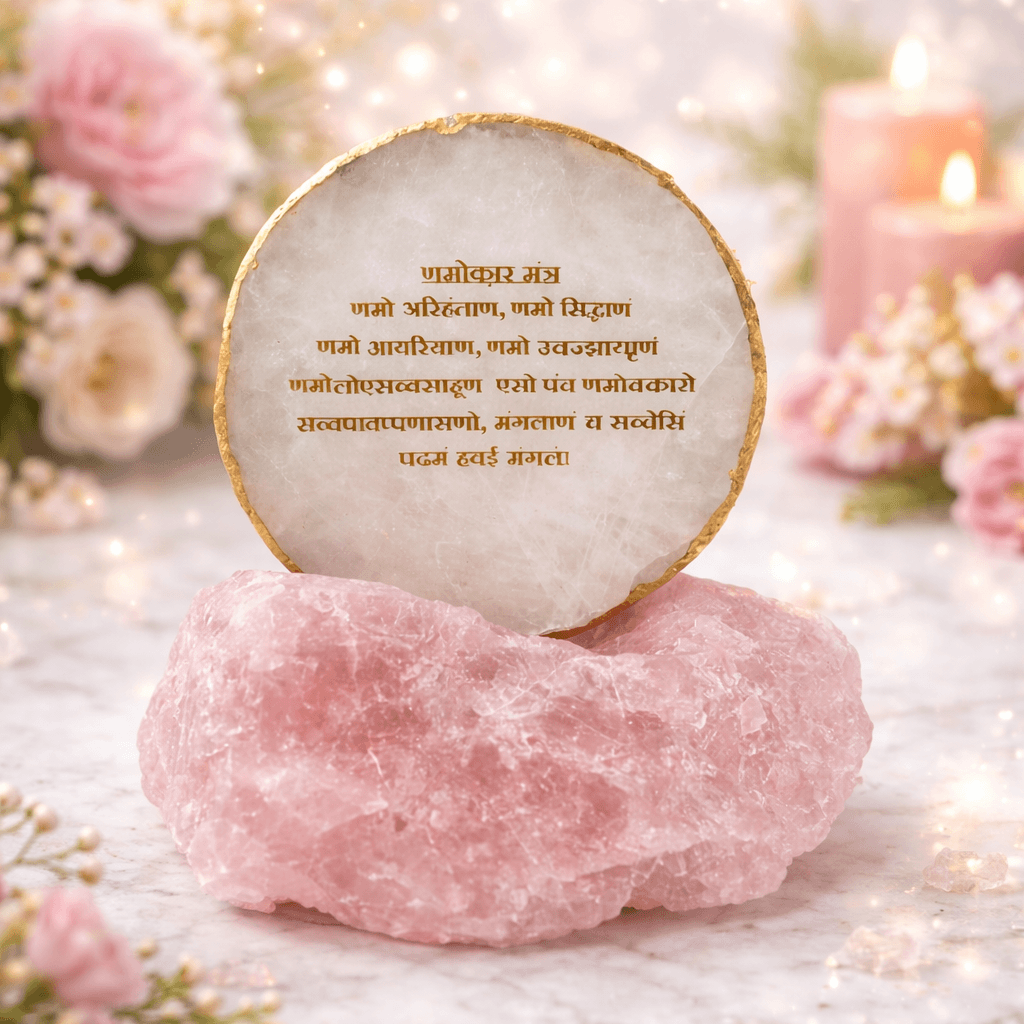 Agate Navkar Mantra Plate on Rose Quartz Holder | Gold Painted Sacred Jain Decor