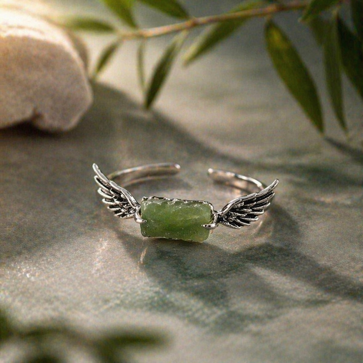 Free Soul Green Jade Ring - Raw Natural Stone Adjustable Silver Plated | Reminder of Freedom & Self Love