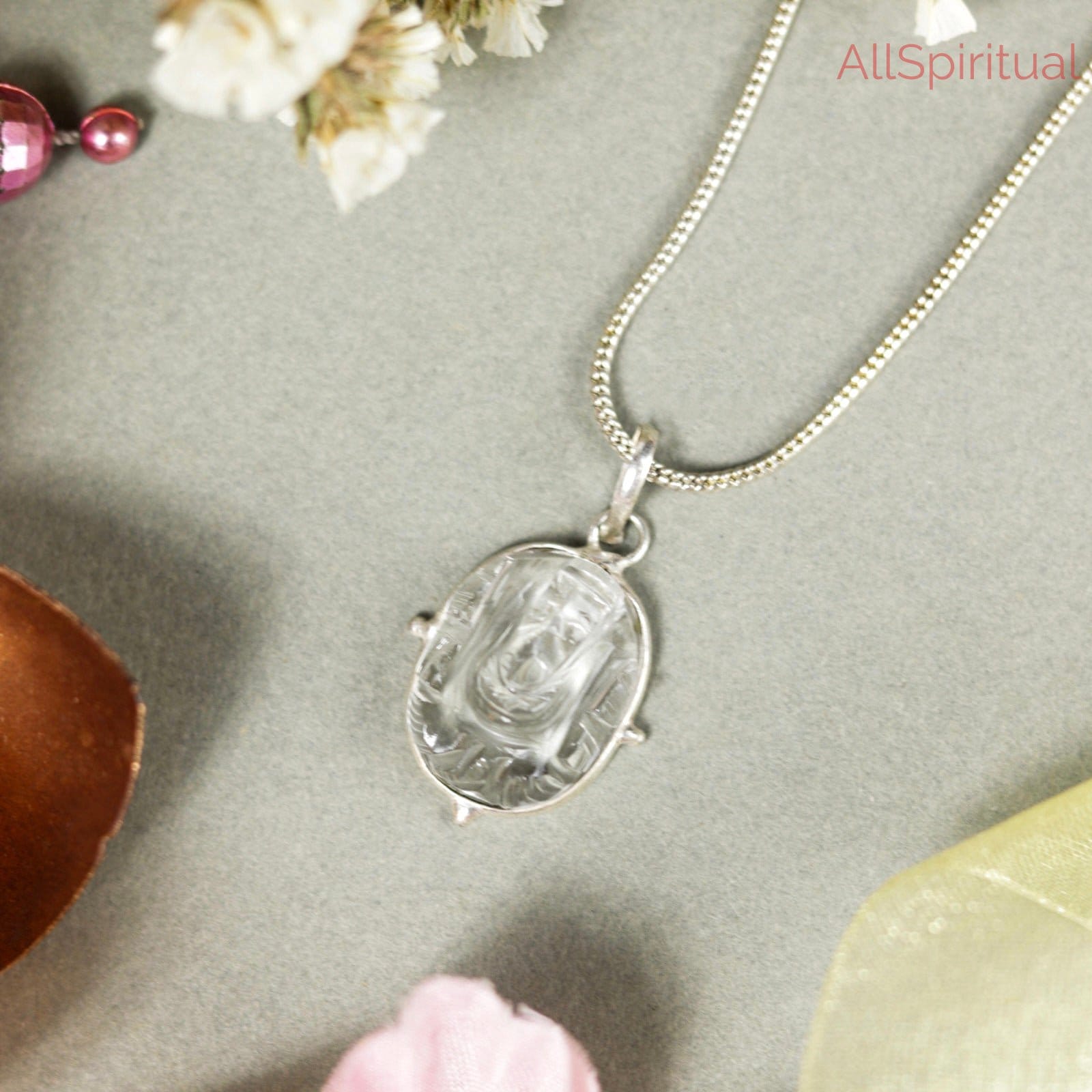 Clear Quartz Ganesha Carved Pendant - Silver Plated | Symbol of Clarity