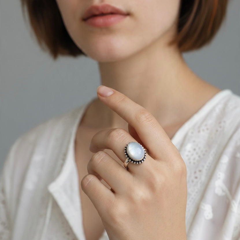 Moonstone Ring - Natural Cabochon Stone Silver Plated Adjustable Size (5 pcs)