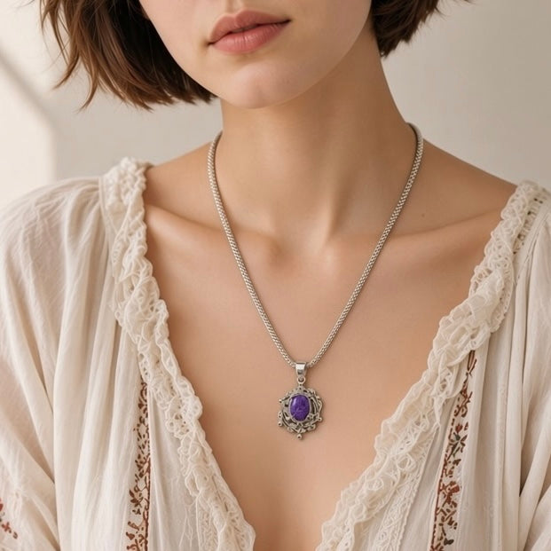 Charoite Pendant - Natural Stone & Ad Anti tarnish | Intuition
