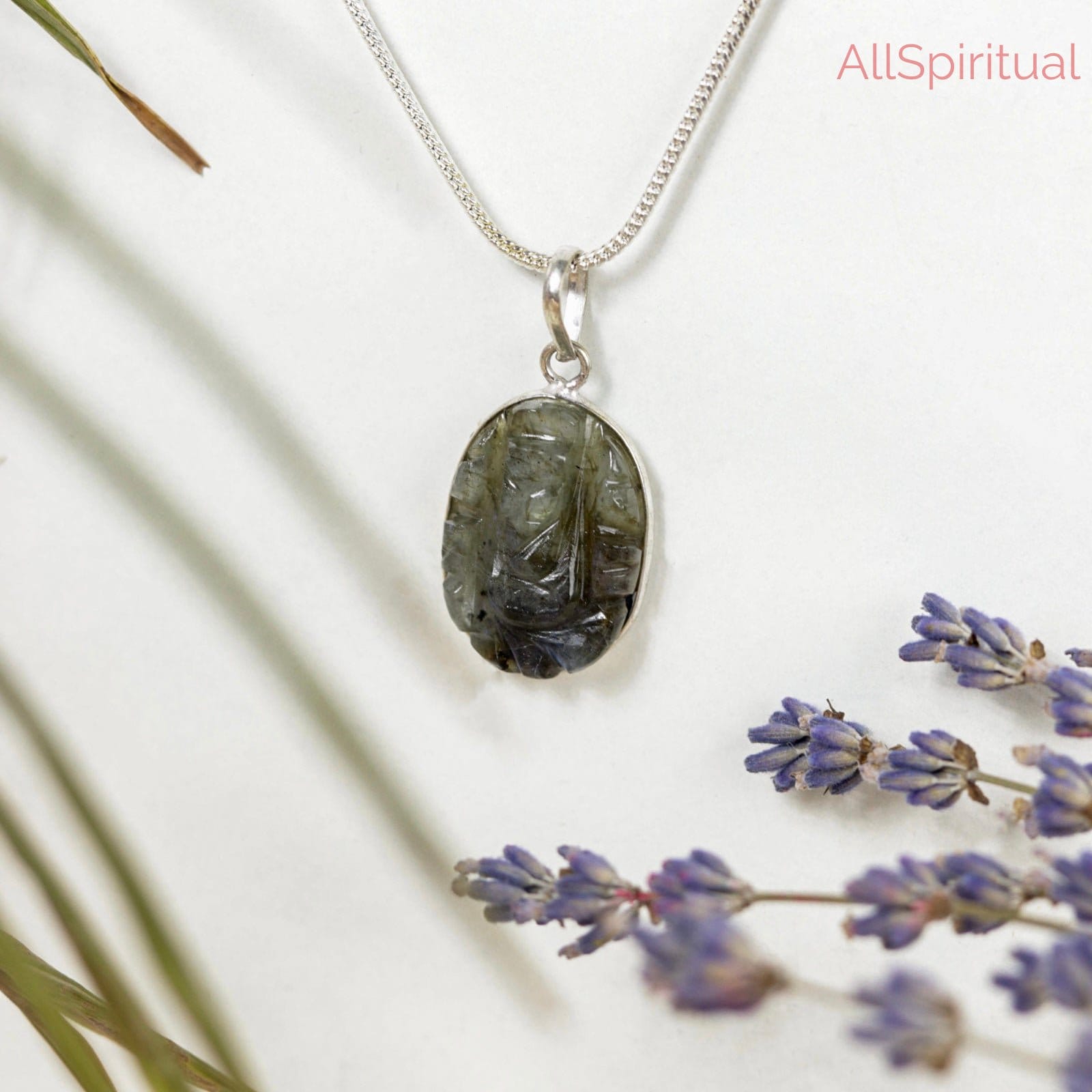 Labradorite Ganesha Carved Pendant - Silver Plated| Symbol of Transformation