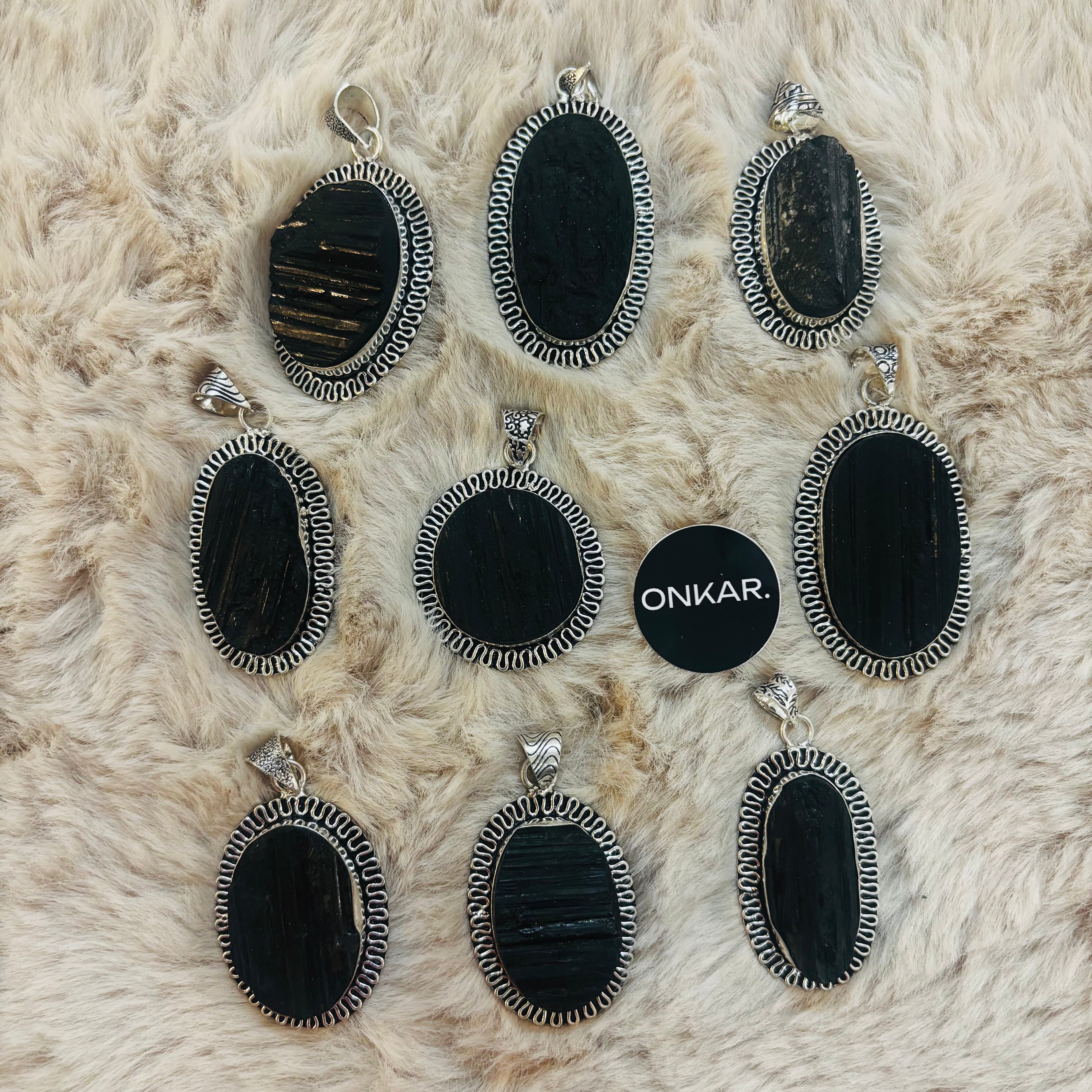 Black Tourmaline Pendant - Raw Natural Stone German Silver Oval Shape (Pack of 9)