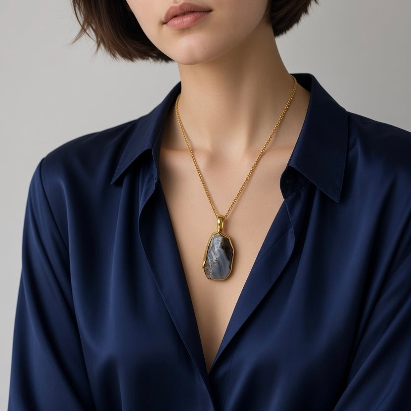 Blue Lace Agate Pendant - Raw Natural Stone Gold Plated | Ziva