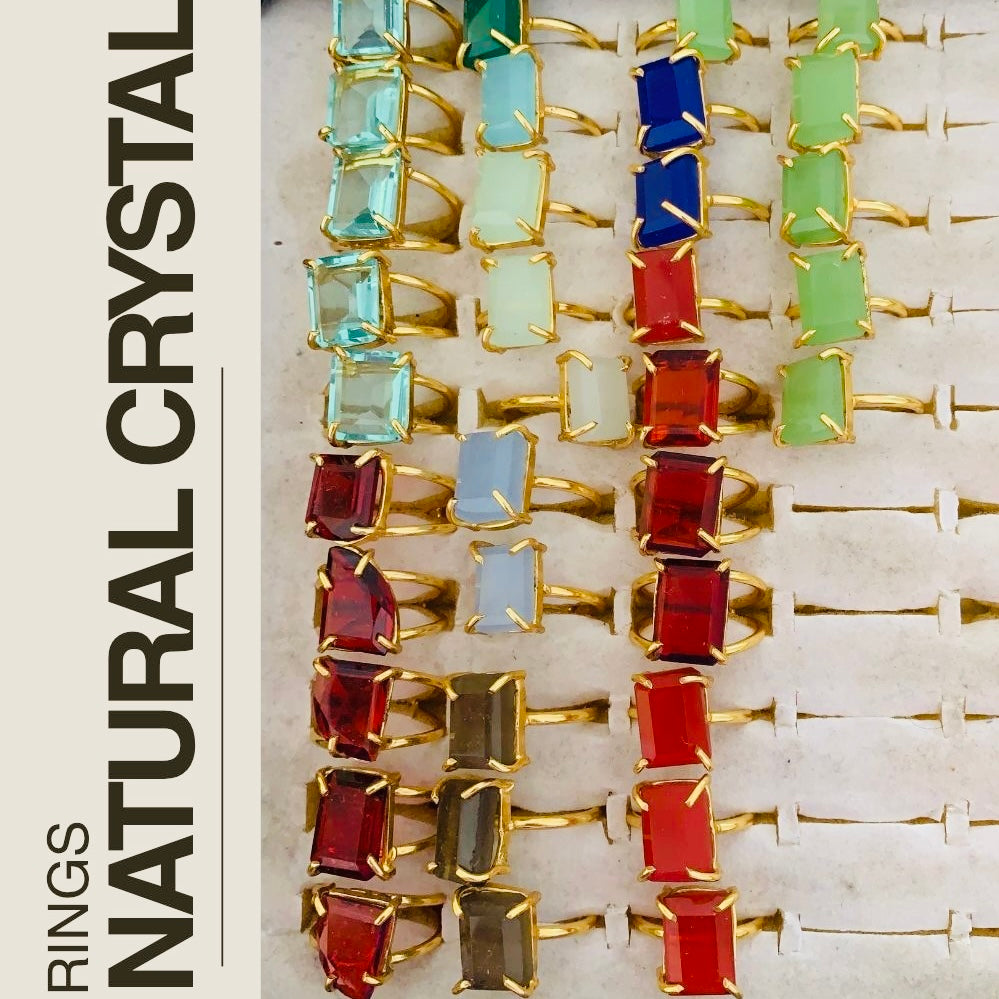 Assorted Crystal Ring – Raw Square Natural Stone Gold Plated | Gracia