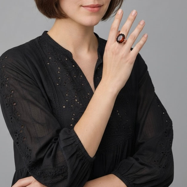 Hessonite Ring - Gomed Faceted Stone Silver Plated Adjustable Size (5 pcs)