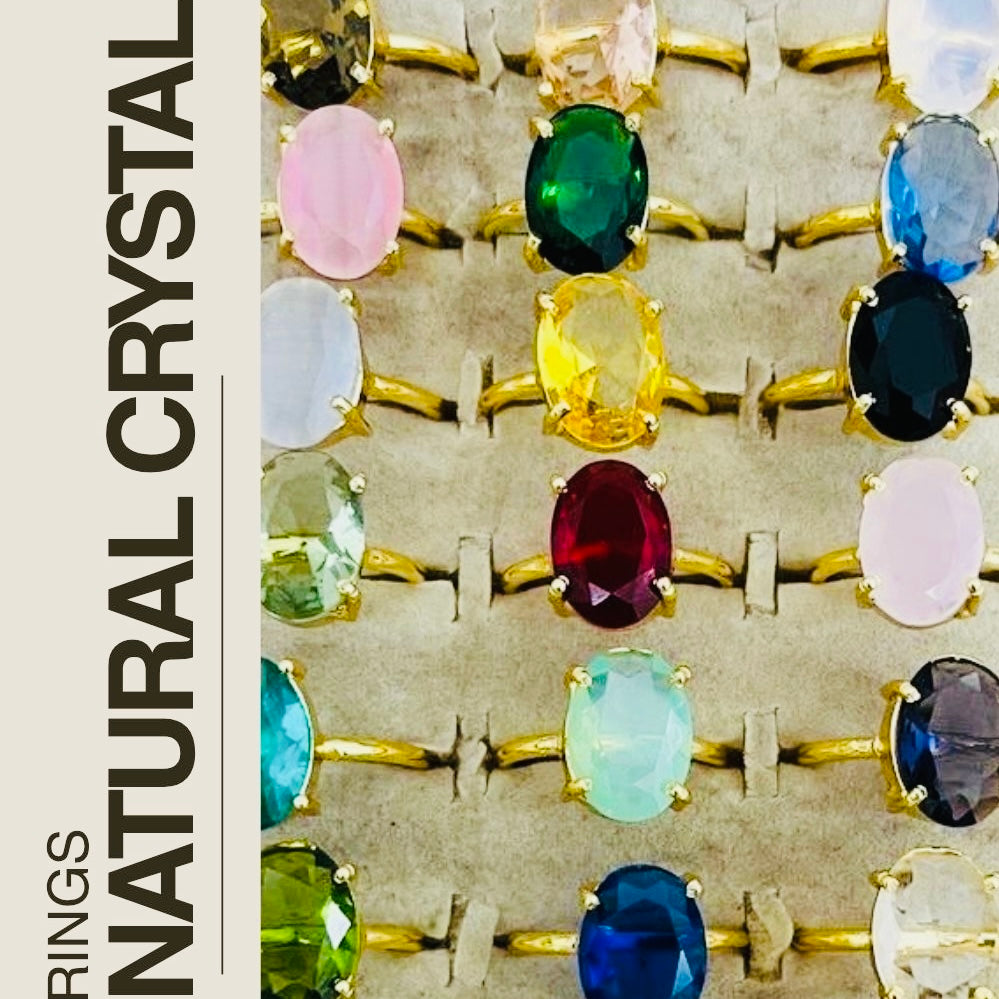 Assorted Crystal Ring – Faceted Oval Natural Stone Adjustable Gold Plated | Serena