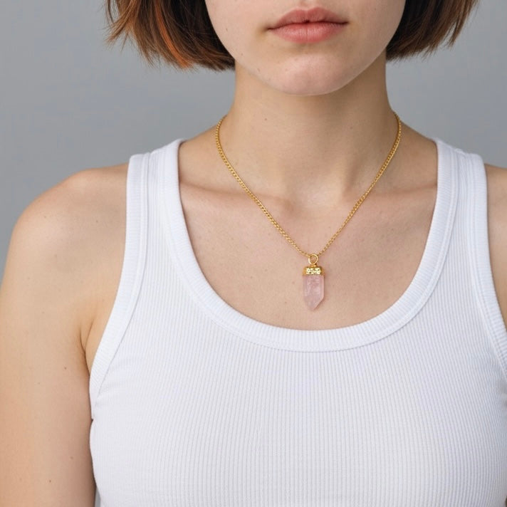 Rose Quartz Pendant - Raw Natural Stone Golden | Joya