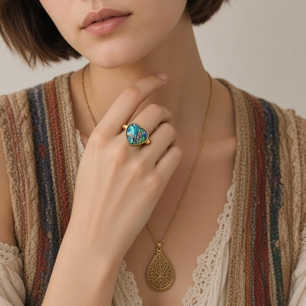 Abalone Ring - Heart Natural Shell Adjustable Gold plated Anti tarnish | Serenity