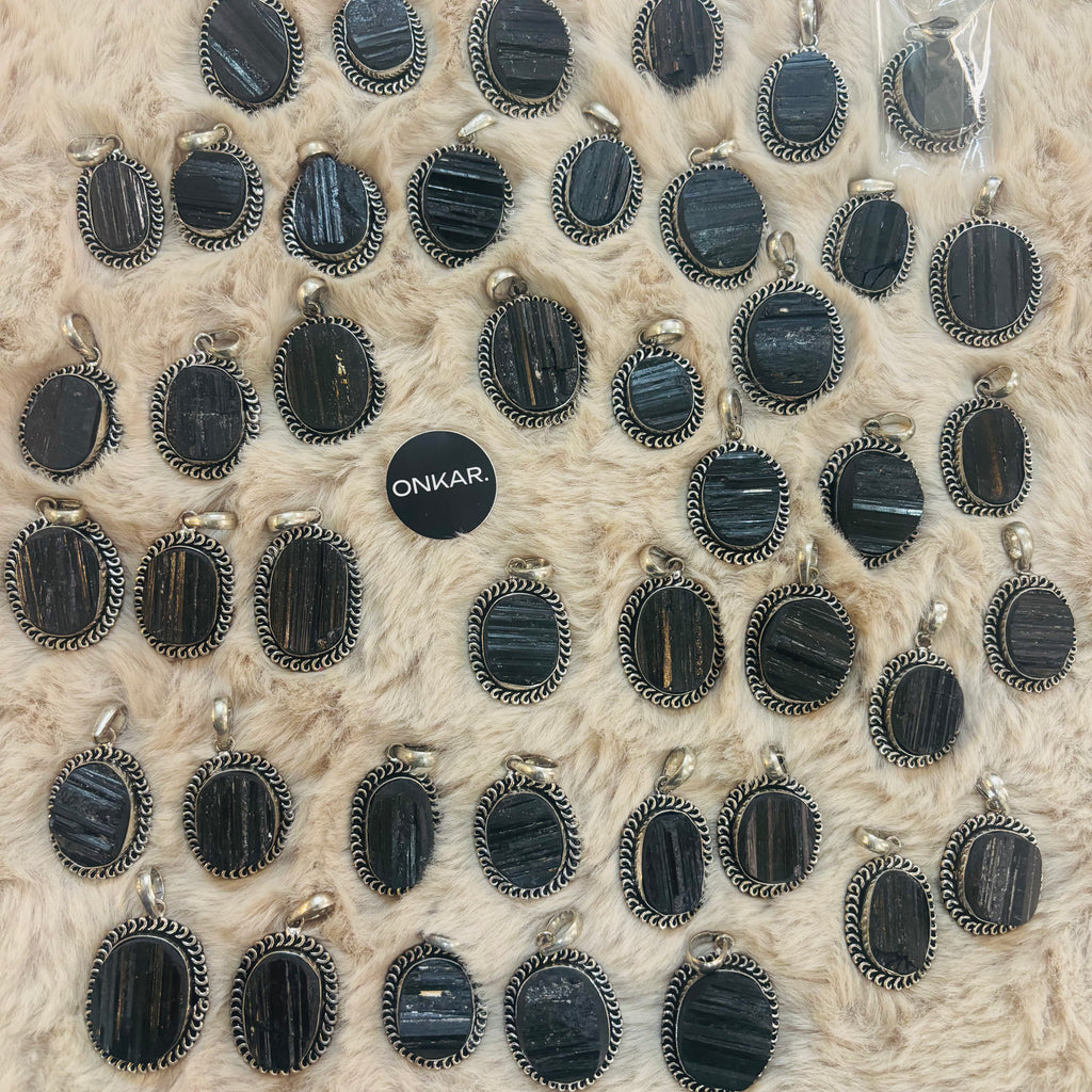 Black Tourmaline Pendant - Raw Natural Stone German Silver Oval Shape (Pack of 44)