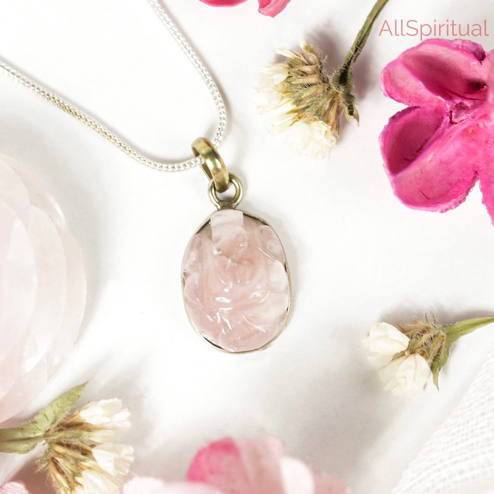 Rose Quartz Ganesha Carved Pendant - Silver Plated | Symbol of New Beginnings