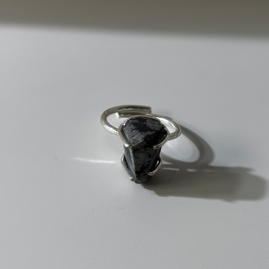 Snowflake Obsidian Ring - Raw Natural Stone Silver Plated Adjustable | Elegancia