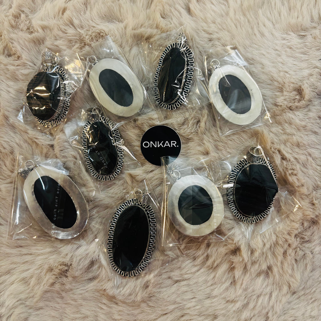 Black Tourmaline Pendant - Raw Natural Stone German Silver Oval Shape (Pack of 9)