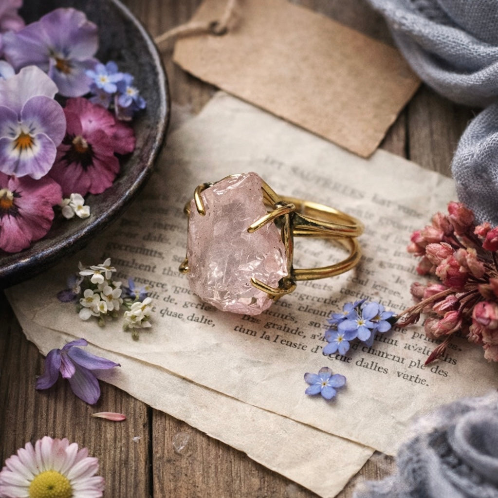 Rose Quartz Ring – Raw Natural Stone Adjustable Gold Plated | Reminder of Love