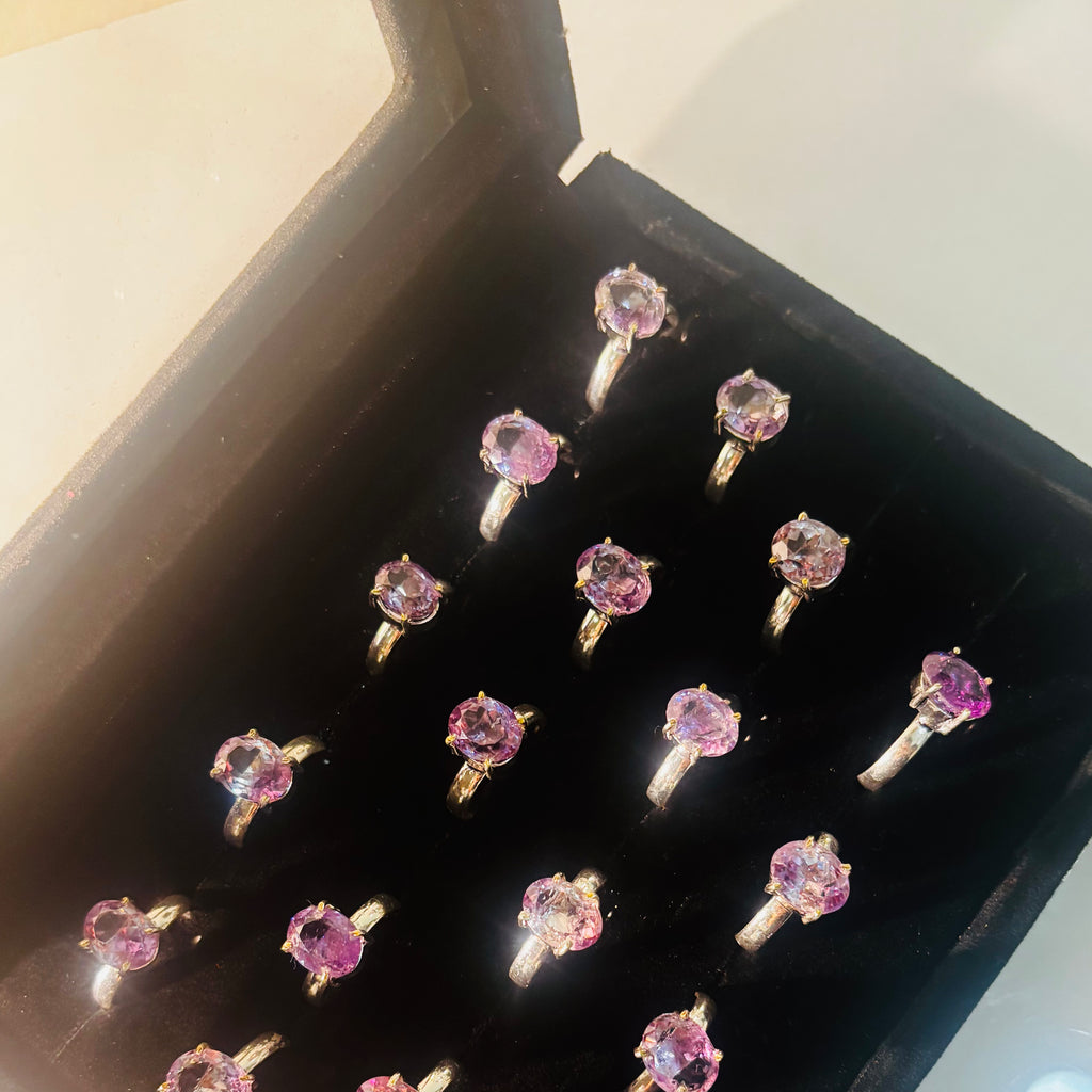 Amethyst Ring - Diamond Cut Stone Oxidised German Silver Adjustable Size (Pack of 18)
