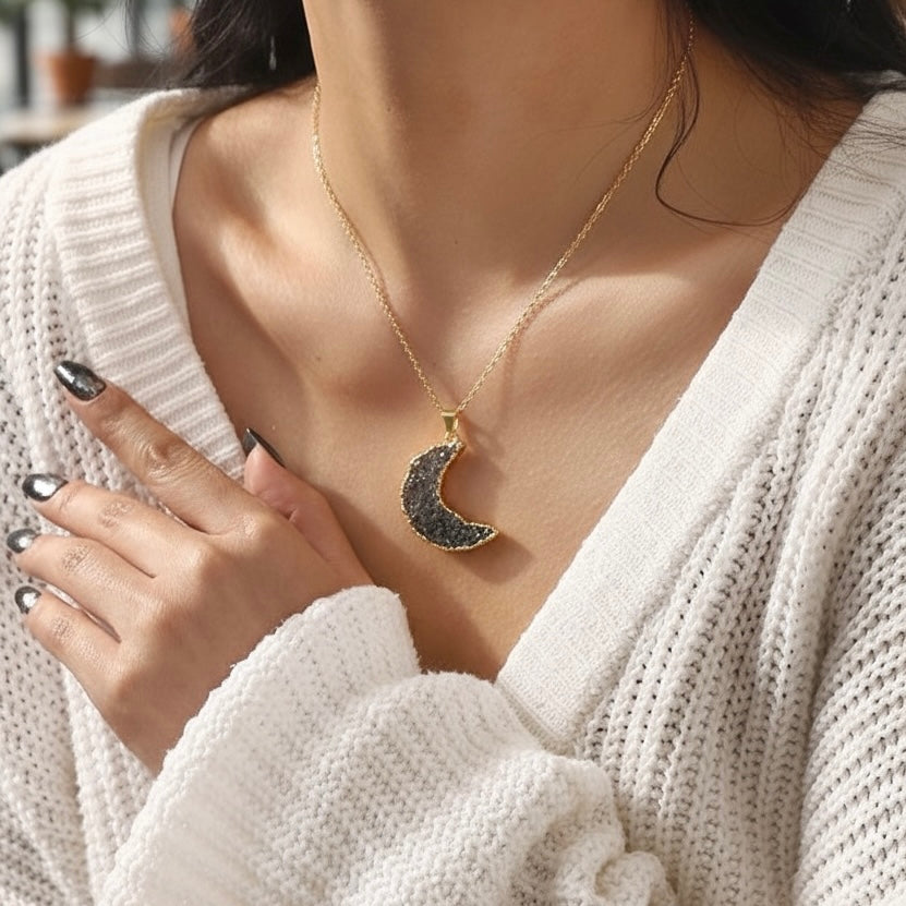 New Moon Pendant - Druzy Agate Stone | Gold Plated