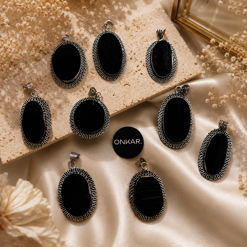 Black Tourmaline Pendant - Raw Natural Stone German Silver Oval Shape (Pack of 9)