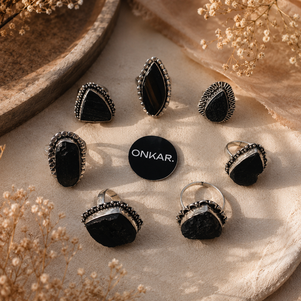 Black Tourmaline Ring - Raw Natural Stone German Silver Adjustable Size Mix Assorted (Pack of 7)