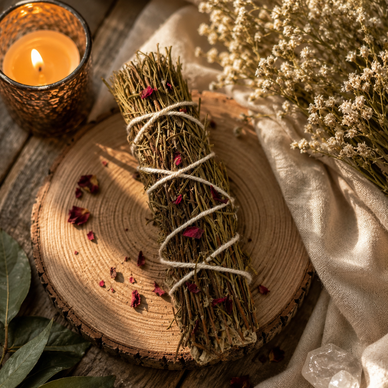 Mystic Rosemary Sage Smudge Stick & Floral Petal Touch | Believed to Purify Energy & Create a Peaceful Atmosphere