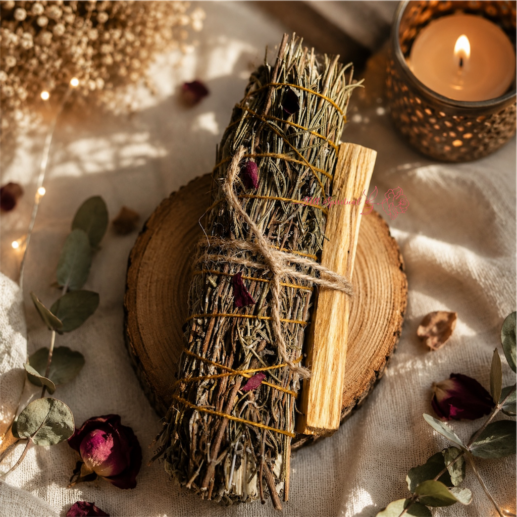 Mystic Rosemary Sage Smudge Stick with Palo Santo Holy Wood & Delicate Petal Accents | Believed to Support Energy Cleansing & Harmony
