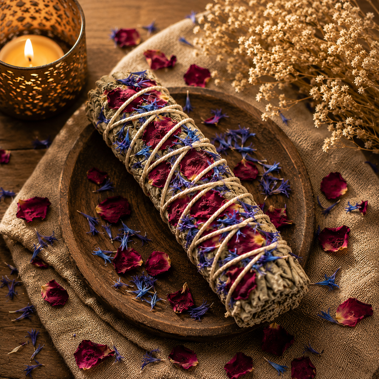 Sacred Rose & Blue Corn Sage Smudge Stick | Believed to Inspire Peace & Harmony