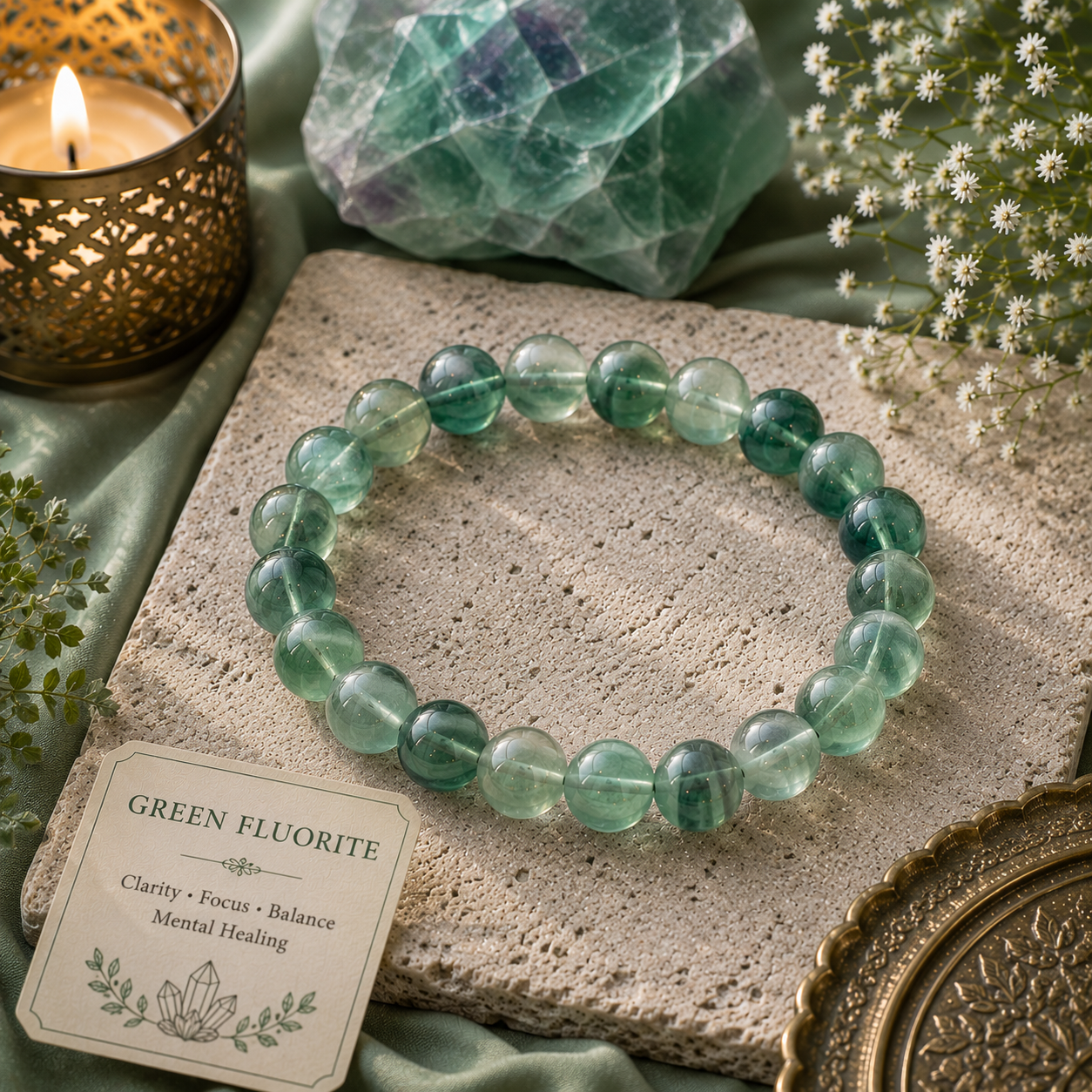 Green Fluorite Crystal Bracelet - Original Round | Traditionally Known as the Stone of Growth
