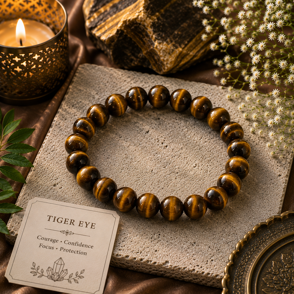 Tiger Eye Crystal Bracelet - Original Round | Traditionally Known as a Stone of Confidence, Courage & Protection