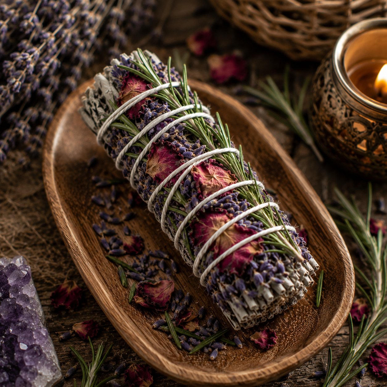 Sacred Lavender , Rose & Rosemary Sage Smudge Stick | Believed to Encourage Emotional Balance