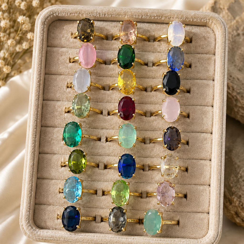 Assorted Crystal Ring – Faceted Oval Natural Stone Adjustable Gold Plated | Serena