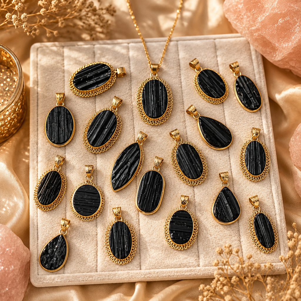 Black Tourmaline Pendant – Assorted Raw Big Natural Stone Gold Plated | Noche