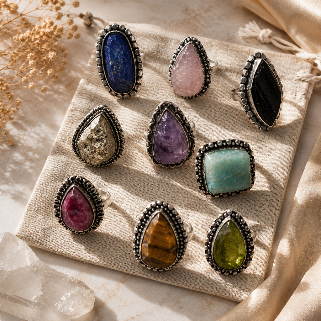 Crystals Ring - Raw Natural Stone Adjustable | Mix Exclusive Silver Plated Brisa