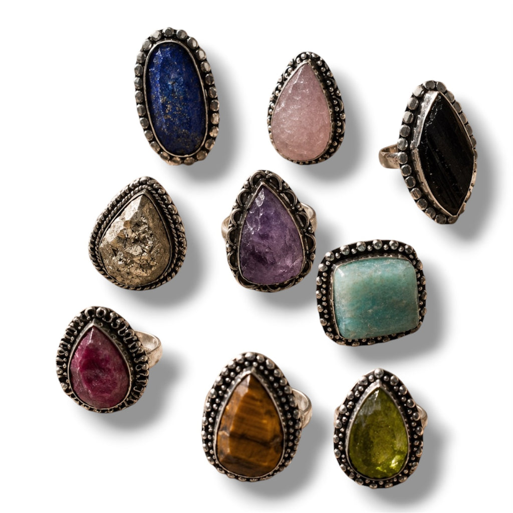 Crystals Ring - Raw Natural Stone Adjustable | Mix Exclusive Silver Plated Brisa