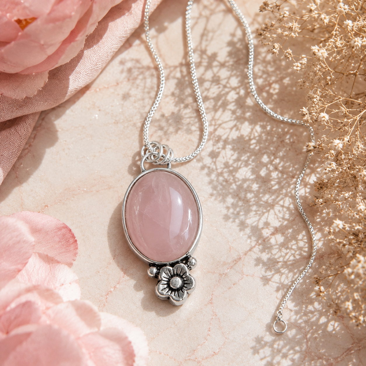 Rose Quartz Pendant | Big Natural Stone Silver Plated Bloom