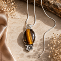 Tiger Eye Pendant | Big Natural Stone Silver Plated Bloom