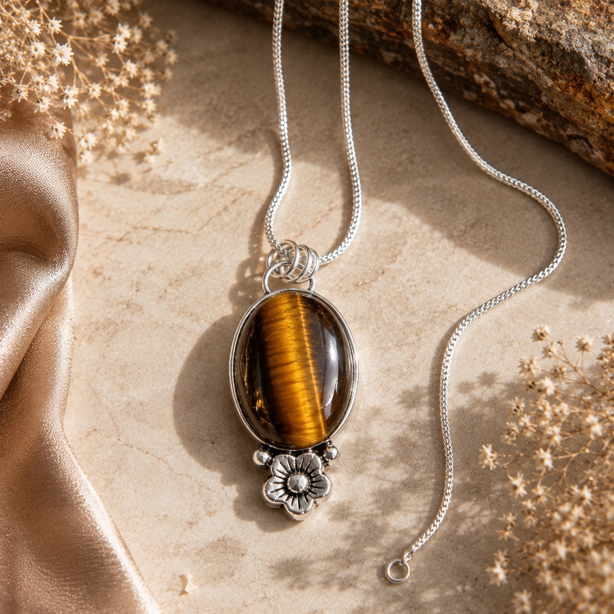 Tiger Eye Pendant | Big Natural Stone Silver Plated Bloom
