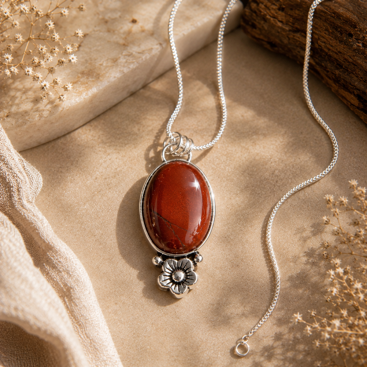 Red Jasper Pendant | Big Natural Stone Silver Plated Bloom