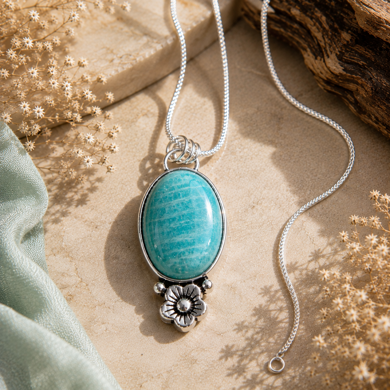 Amazonite Pendant - Big Natural Stone Silver Plated | Floración