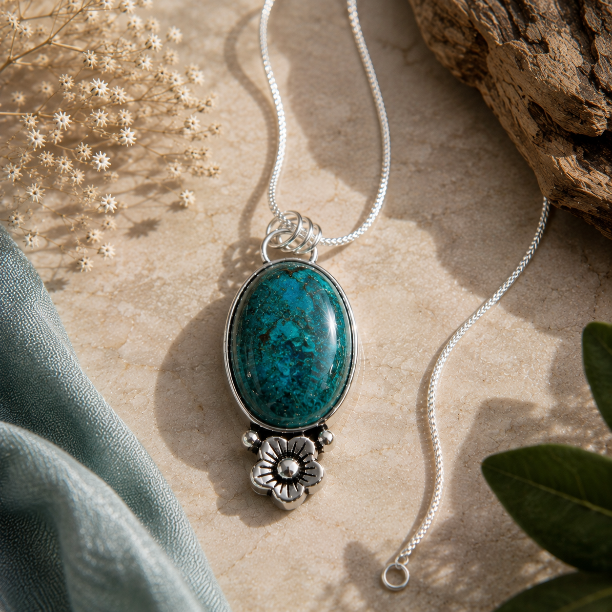 Chrysocolla Pendant - Big Natural Stone Silver Plated | Floración