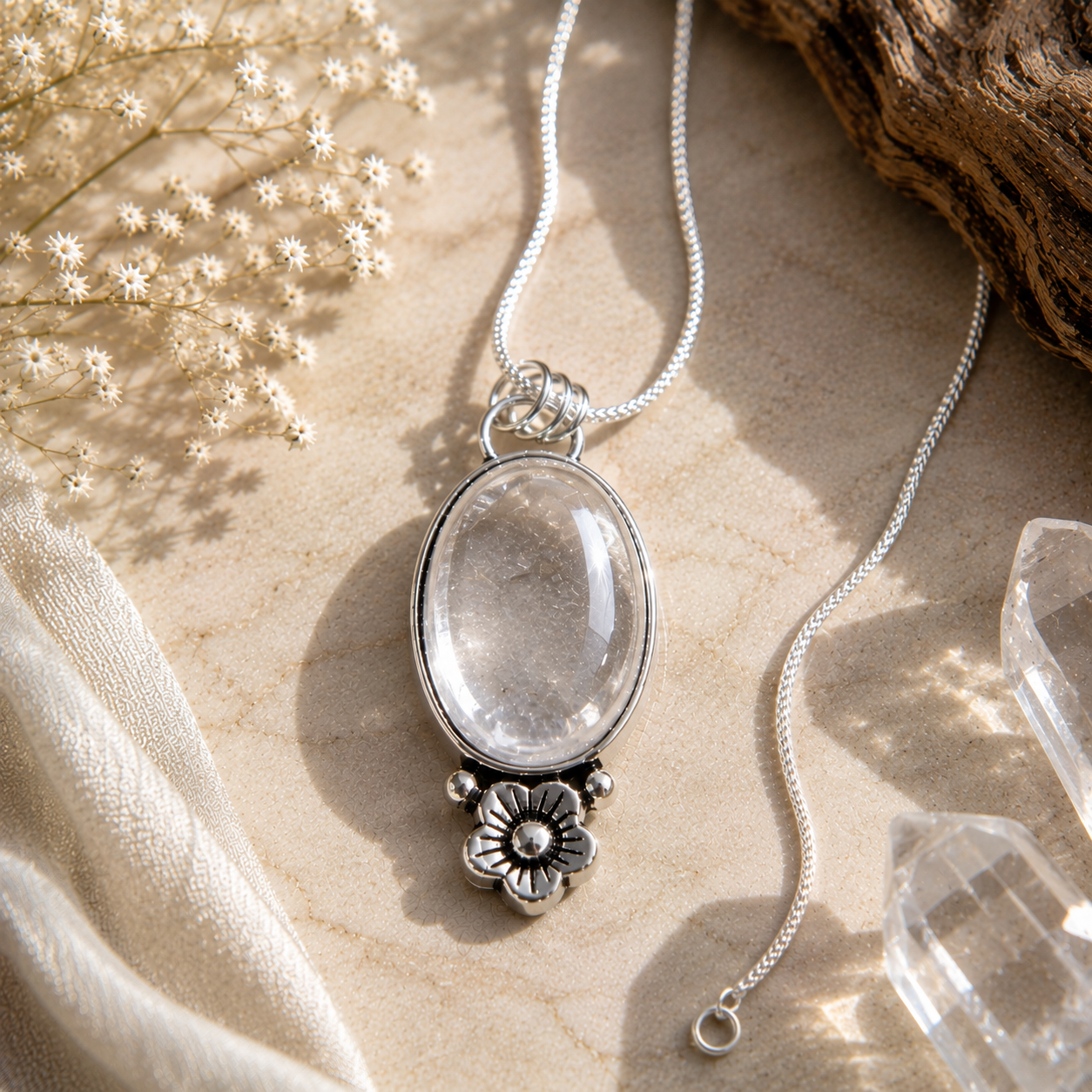Clear Quartz Pendant - Big Natural Stone Silver Plated | Floración