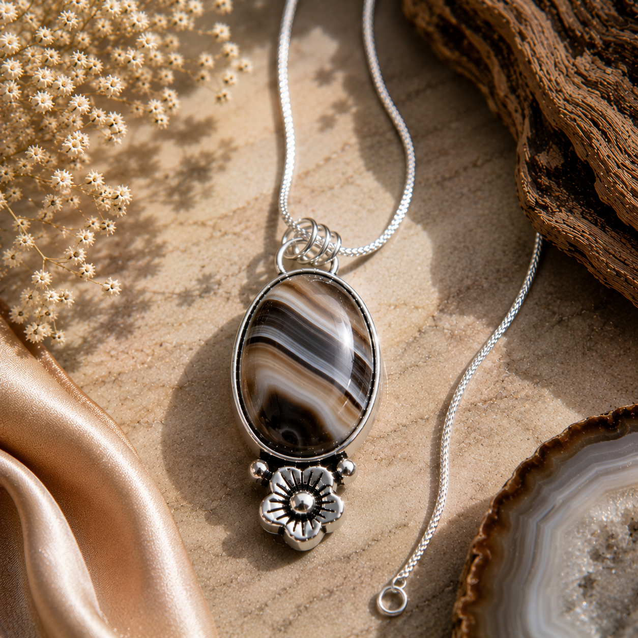 Sulemani Agate Pendant - Big Natural Stone Silver Plated | Floración