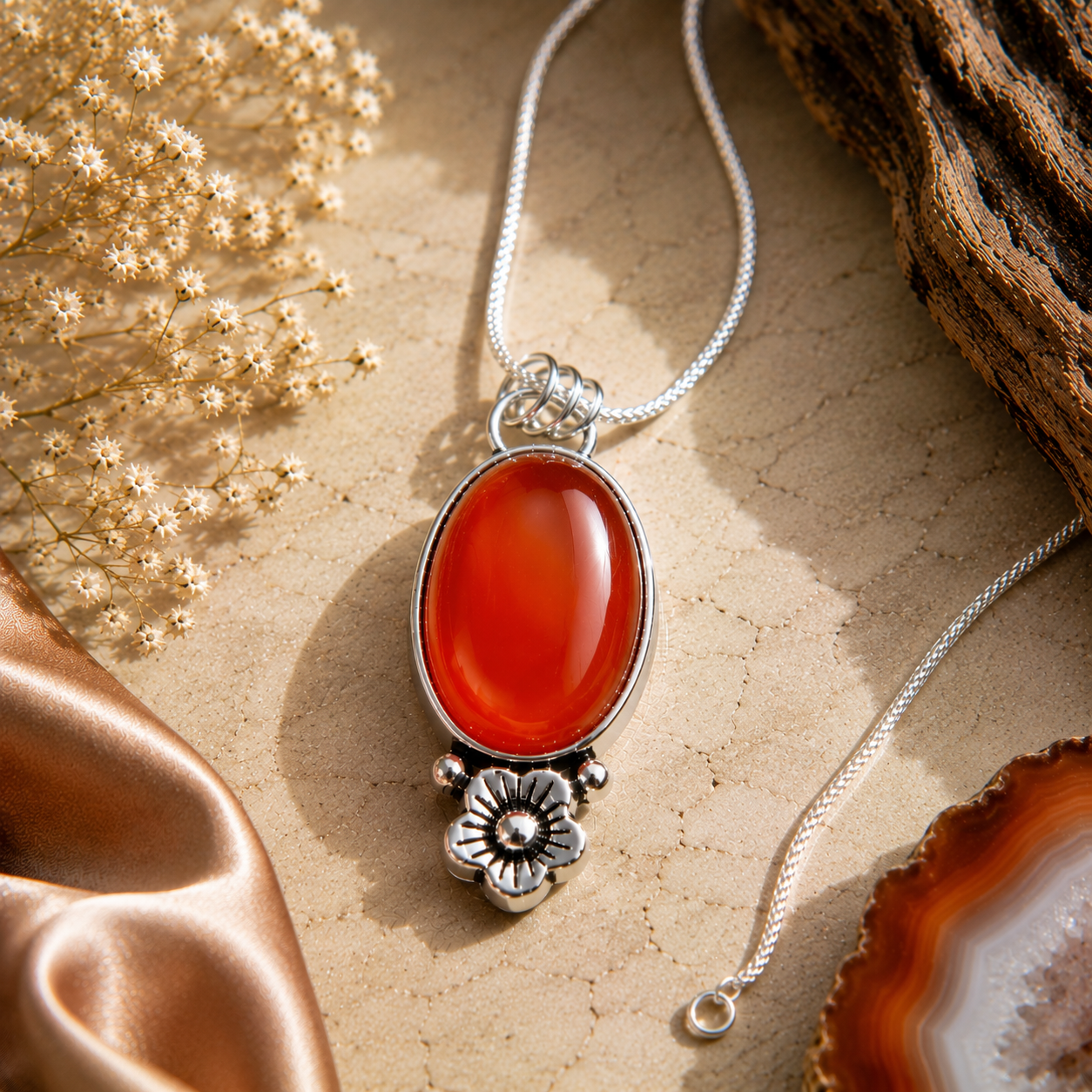 Carnelian Pendant - Big Natural Stone Silver Plated | Floración