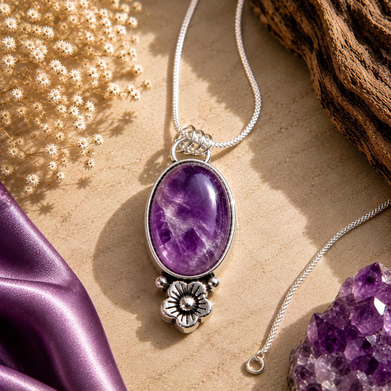 Amethyst Pendant - Big Natural Stone Silver Plated | Floración
