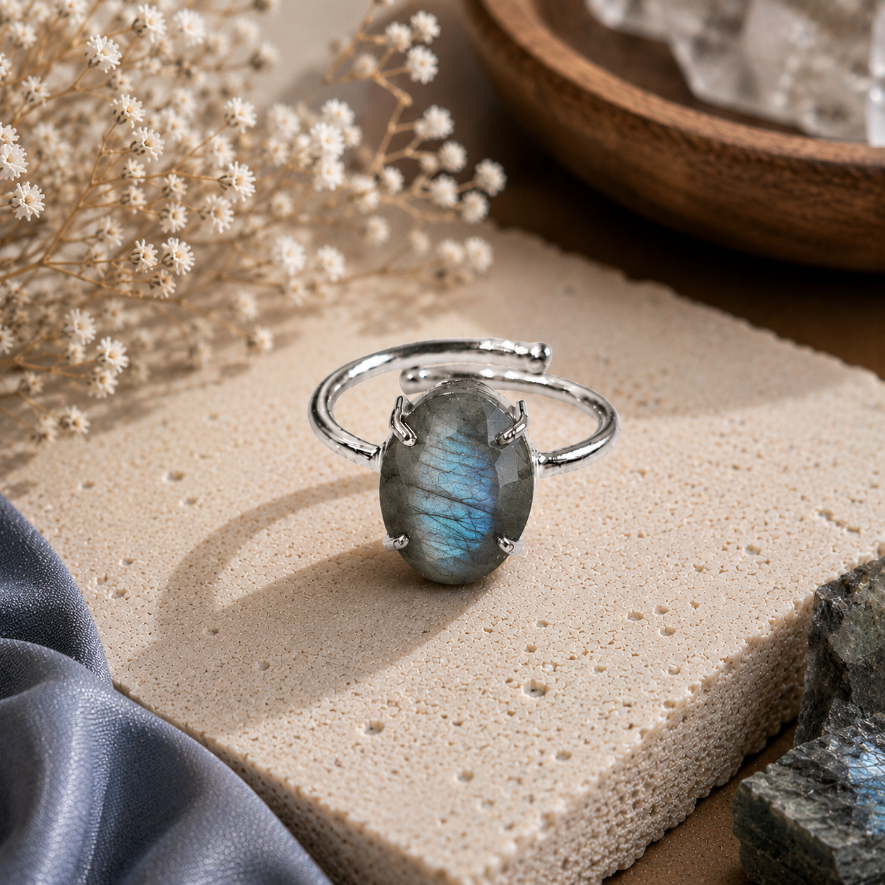 Labradorite Ring – Faceted Natural Stone Silver Plated Adjustable | Fortuna