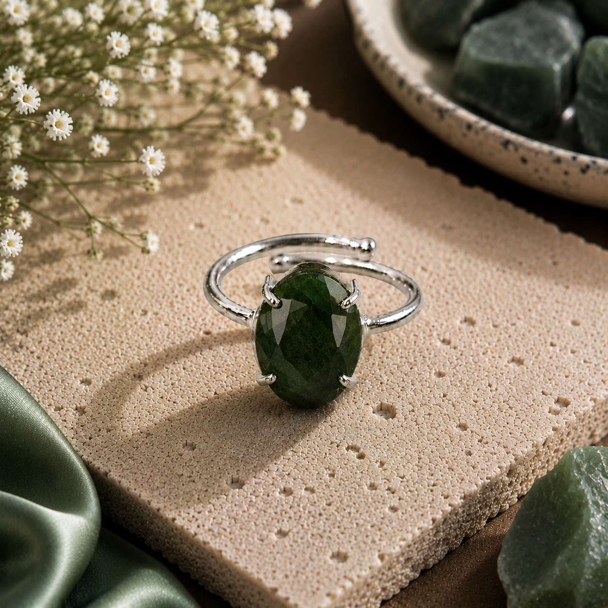 Green Jade Ring – Faceted Natural Stone Silver Plated Adjustable | Fortuna