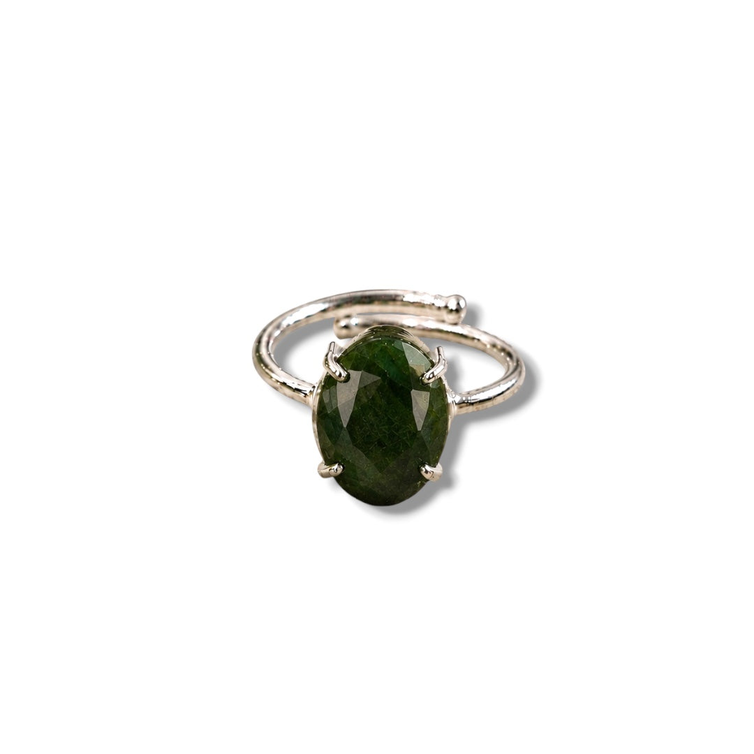 Green Jade Ring – Faceted Natural Stone Silver Plated Adjustable | Fortuna