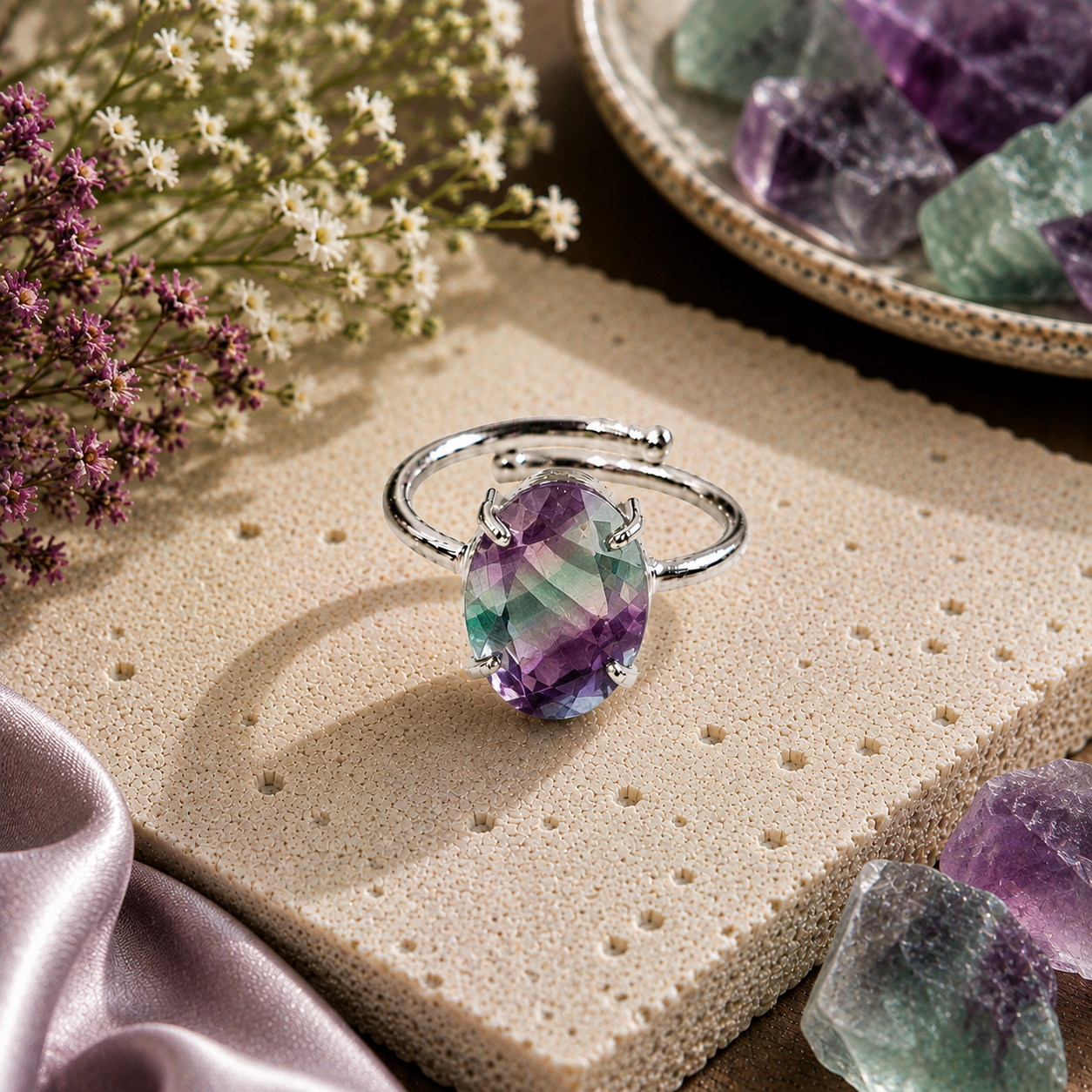 Multi Fluorite Ring – Faceted Natural Stone Silver Plated Adjustable | Fortuna