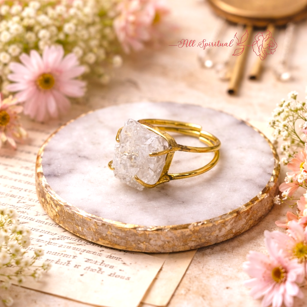 Clear Quartz Ring – Raw Natural Stone Adjustable Gold Plated | Reminder of Focus