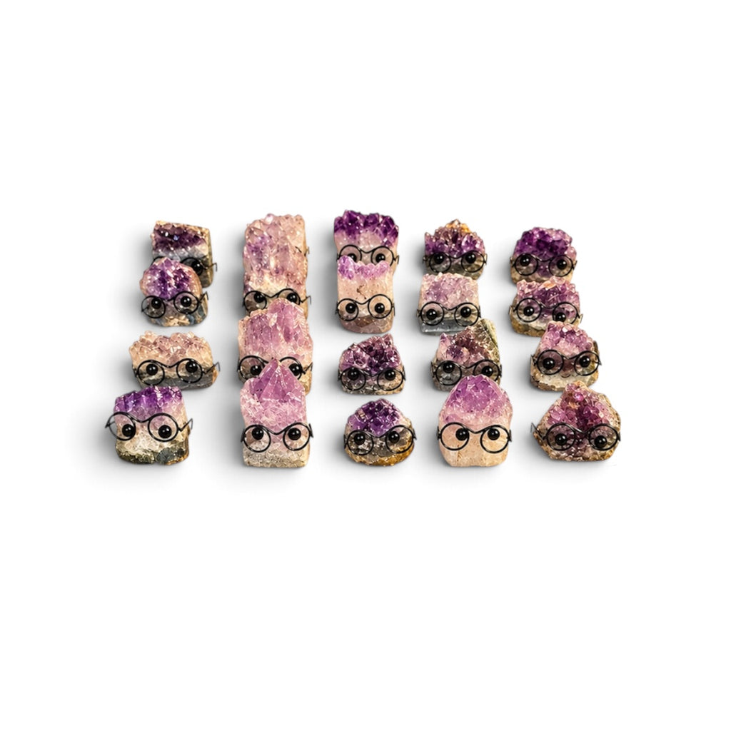 Natural Amethyst Crystal Buddy with Glasses - Mini Cluster Figurine, Cute Desk Decor, Office Gift, Crystal Collector Gift